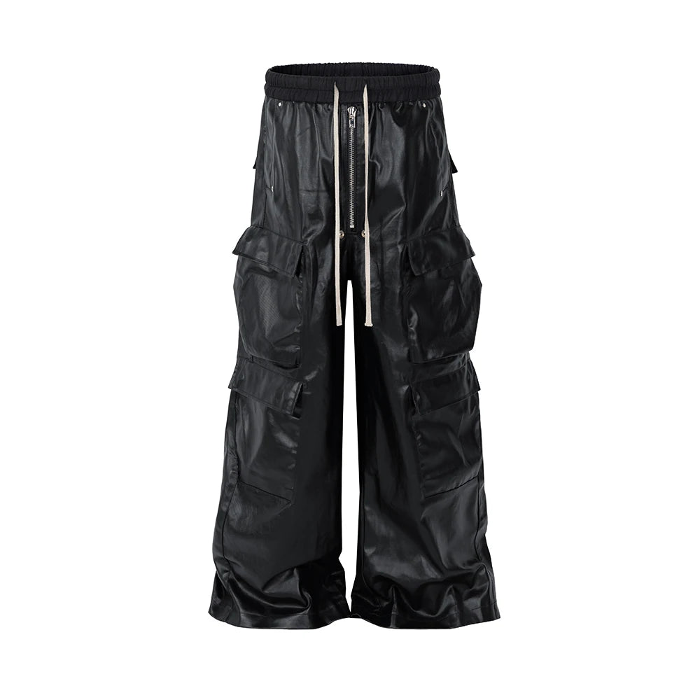 RO Style Matte PU Leather Pants for Men High Street Y2k Pantalones Hombre Baggy Overall Wide Leg Drawstring Cargo Pants