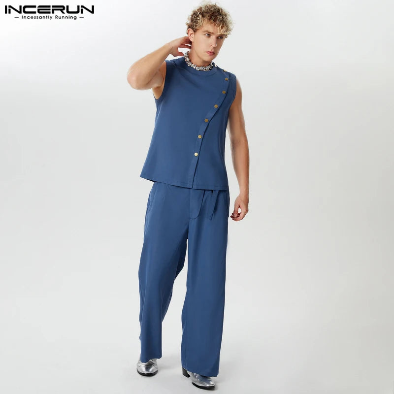 INCERUN 2024 American Style Stylish Sets Handsome Men Diagonal Front Design Tank Tops High Waist Pant Casual Suit 2 Pieces S-5XL