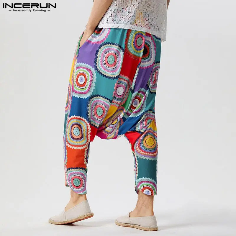 INCERUN 2023 American Style Mens Trousers Fashion Knitted Colorful Pantalons Casual Streetwear Tracery Print Harlan Pants S-5XL