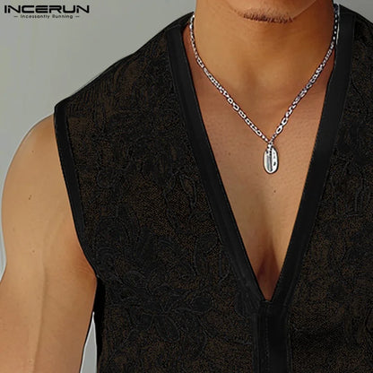 Mode Casual Tops INCERUN Sommer Neue Herren V-ausschnitt Spitze Gedruckt Perspektive Westen Sexy Männlichen Dünne ärmellose Tank Tops S-5XL 2024