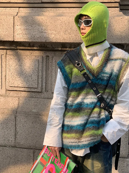 HOUZHOU Vintage Pull Gilet Hommes Tricoté Sans Manches Hommes Pulls Rétro Col V Pull Bleu Japonais Streetwear Harajuku