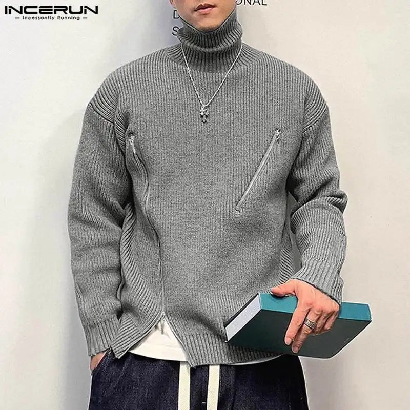 INCERUN Tops 2023 Korean Style Men's Knitted Zipper Design Pullovers Casual Solid All-match High Neck Long Sleeved Sweater S-5XL