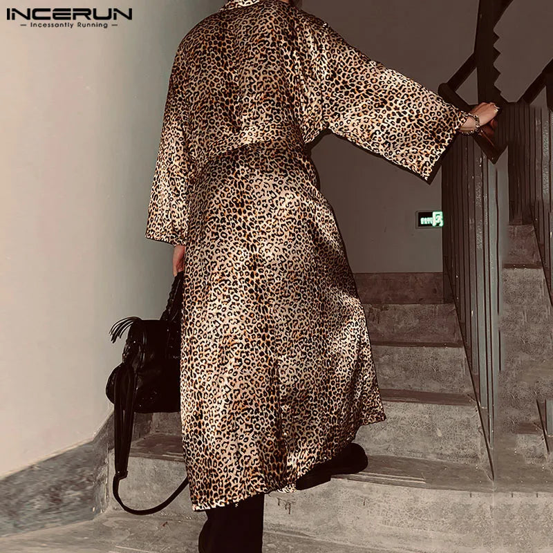 INCERUN Tops 2024 Sexy Men's Long Knee Length Shirts Casual Leopard Print Satin Strap Design Long Sleeved Cardigan Blouse S-5XL