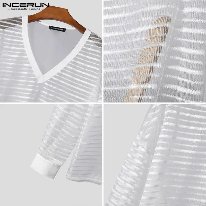 Fashion Casual Style Tops INCERUN Mens Large V-neck Stripe Perspective T-shirts Summer Clubwear Thin Long Sleeved Camiseta S-5XL