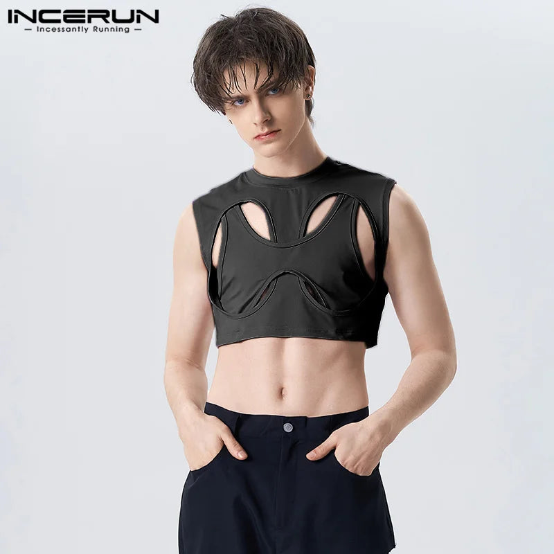 Party Nightclub Style Tops INCERUN New Men Hollowed Layered Short Tank Tops Casual Streetwear Male Solid Hot Selling Vests S-5XL