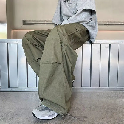 HOUZHOU Green Cargo Pants Men Japanese Oversize Wide Leg Trousers Male Black Loose Casual Streetwear Hip Hop Safari Style