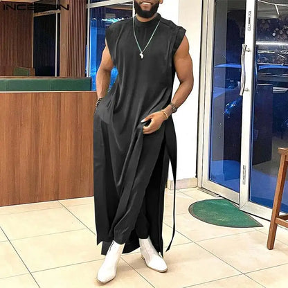 INCERUN 2023 Style musulman nouveaux hommes ensembles style long sans manches débardeurs pantalons décontractés homme bien ajusté solide deux pièces ensembles S-5XL