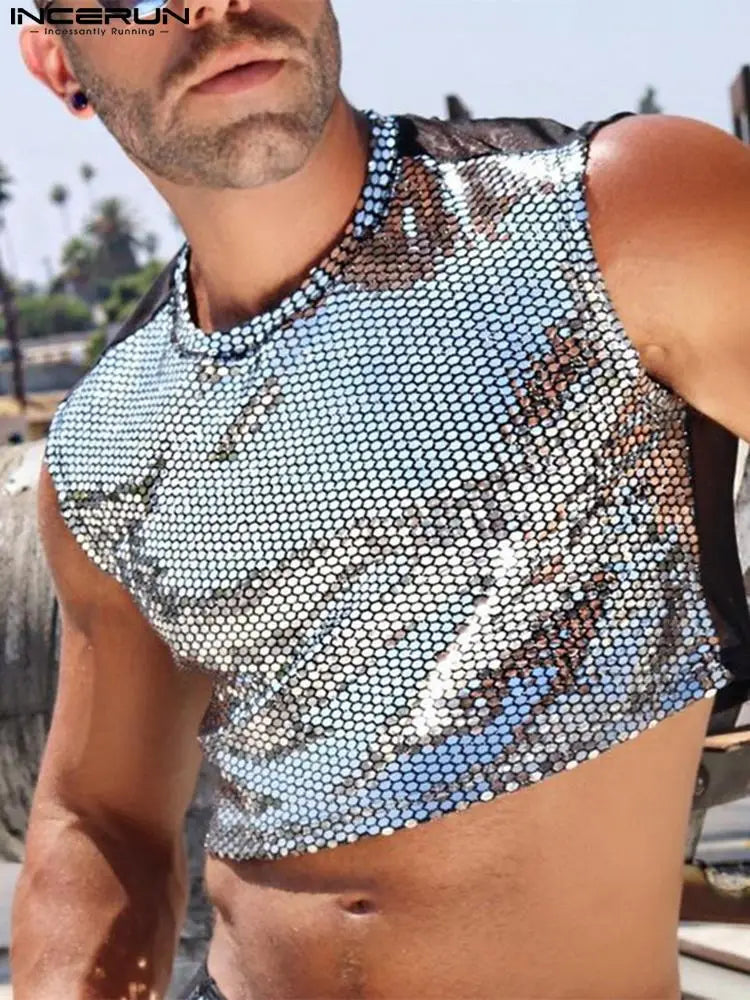 INCERUN Mode Hommes Débardeurs Patchwork Brillant O-cou Sans Manches Crop Tops Voir À Travers Le Dos Streetwear Fête Discothèque Gilets Hommes