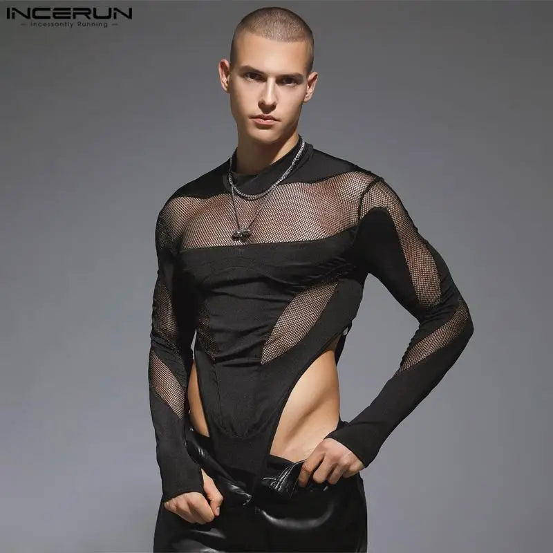 INCERUN 2023 Sexy Homewear Men's Bodysuits Half High Neck Mesh Splice Rompers Casual Fashion Thimble Long Sleeve Jumpsuits S-3XL