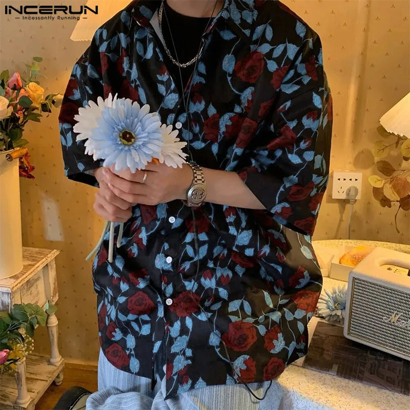 INCERUN Tops 2024 Korean Style Fashion Men Rose Printing Shirts Casual Streetwear Personality Lapel Medium Sleeved Blouse S-5XL