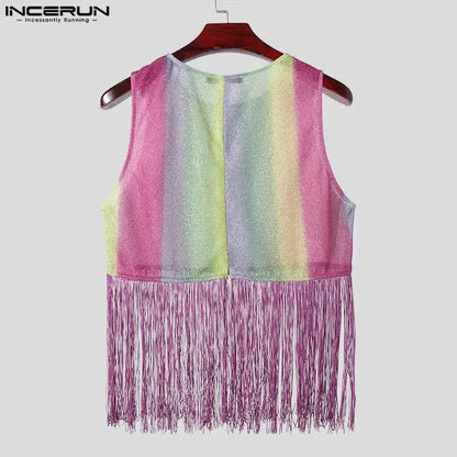 Fashion Casual Style Tops INCERUN New Mens Rainbow Gradient Tassel Patchwork Vests Male Clubwear Sleeveless Tank Tops S-5XL 2024