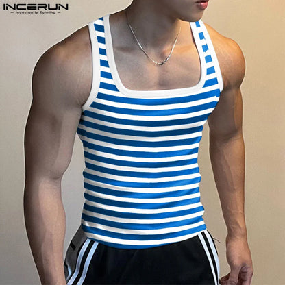 INCERUN Men's Striped Tank Tops Square Collar Sleeveless Fitness Summer Male Vests Streetwear 2024 Fashion Casual Men Clothing