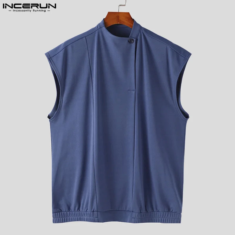 Handsome Well Fitting Tops INCERUN Mens Stand Collar Split Design Vests Casual Streetwear Summer Male Solid Tank Tops S-5XL 2024