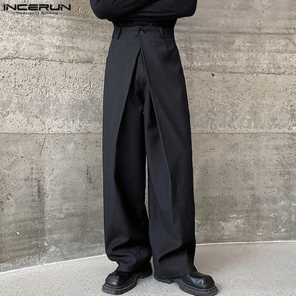 INCERUN 2024 Korean Style New Men Trousers Pleated Double Waistband Design Pants Casual Streetwear Male Wide Leg Pantalons S-5XL