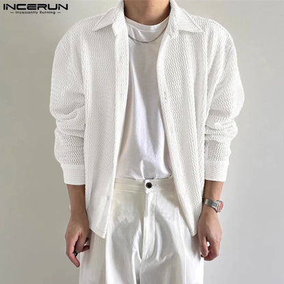 Fashion Well Fitting Tops INCERUN Men's Mesh Hollow Out Knitted Design Shirts Summer Casual Solid Long Sleeved Blouse S-5XL 2024