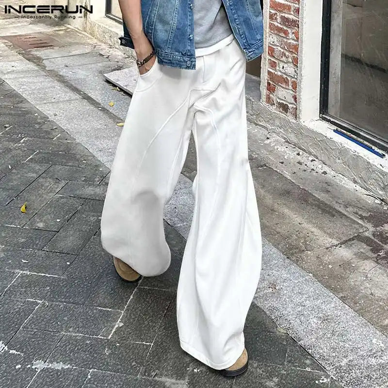 INCERUN 2024 Korean Style Trousers Men Loose Split Line Design Wide Leg Pantalons Fashion Clubwear Male Solid Flared Pants S-5XL