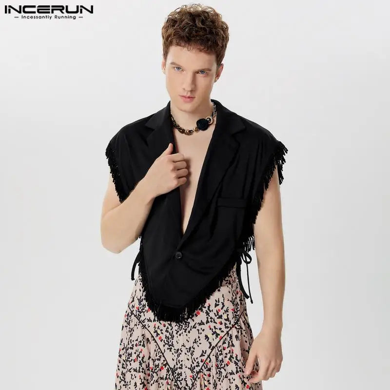 Fashion Casual Style Tops INCERUN Men's Side Strap Short Tassel Silhouette Vests Handsome Male Solid Lapel Waistcoats S-5XL 2024