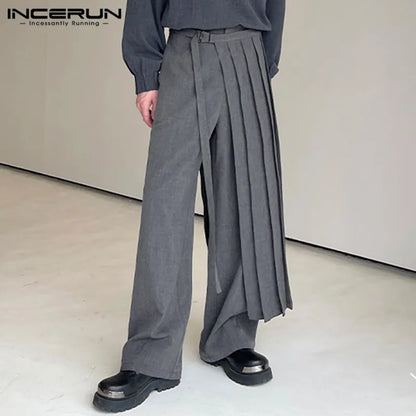 INCERUN 2024 Korean Style Men's Pantalons Detachable Half Pleated Skirts Pants Leisure Solid All-match Wide Leg Long Pants S-5XL