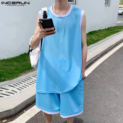 INCERUN 2024 Korean Style Handsome Mens Sets Sleeveless Vests Shorts Leisure Streetwear Male Shoulder Design Suit 2 Pieces S-5XL