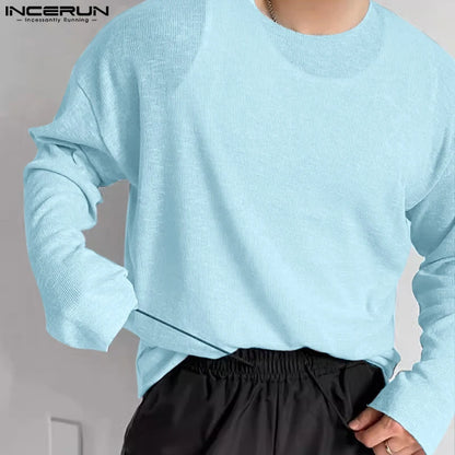 INCERUN Tops 2024 Korean Style Fashion Men's Texture Knitted T-shirt Casual Simple Solid Comfortable Long Sleeved Camiseta S-5XL