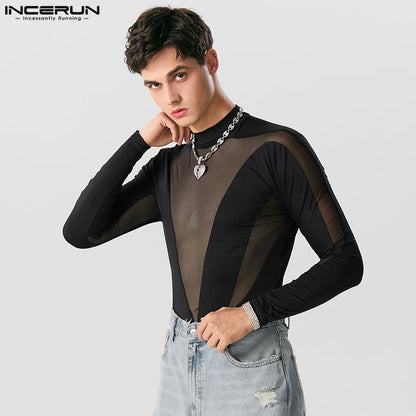 Sexy Stylish Bodysuits INCERUN Mens Homewear O-Neck Mesh Splice Bodysuits Casual Solid Long Sleeve Thin Triangle Jumpsuits S-5XL