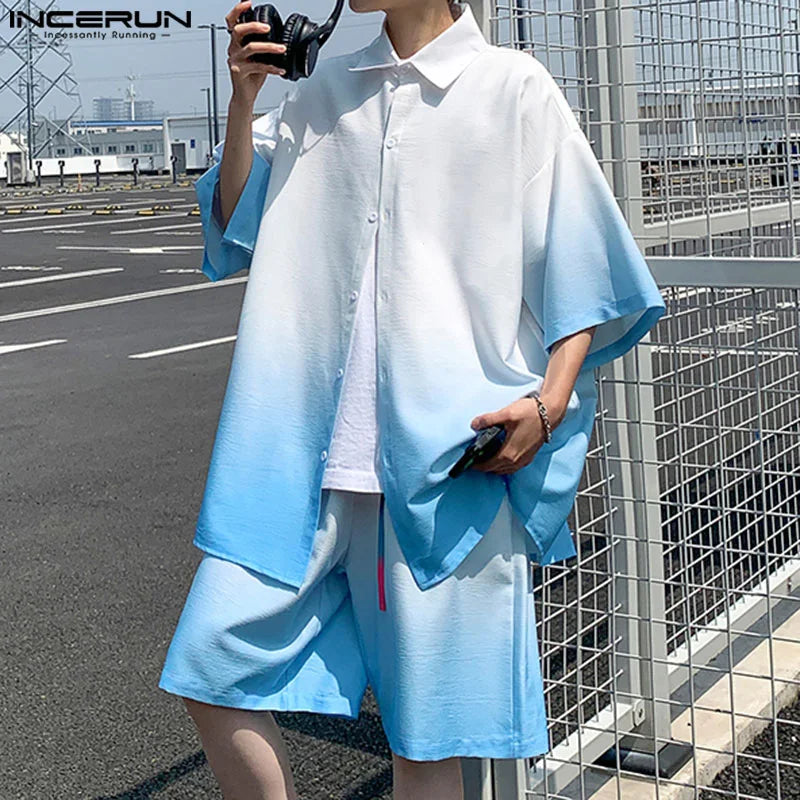 Fashion Casual Sets INCERUN New Men Short Sleeved Shirts Shorts Male Streetwear Loose Gradient Tie Dye Two-piece Sets S-5XL 2024