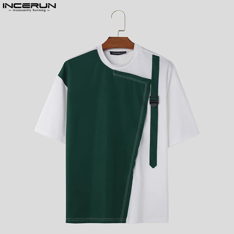 INCERUN Tops 2024 Korean Style New Men Fashion Splicing Backpack Buckle Design T-shirts Casual Male Short Sleeved Camiseta S-5XL