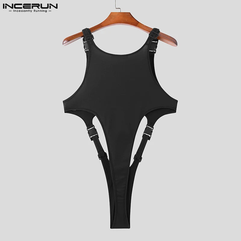 INCERUN 2024 Sexy Style Rompers Clothing Mens Solid Buckle Design Jumpsuits Fashion Hollowed Out Thin Sleeveless Bodysuits S-5XL