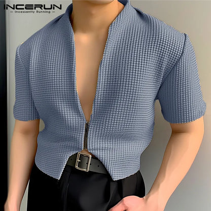 2024 Men Shirt Solid Color V Neck Short Sleeve Zipper Men Clothing Streetwear Stylish Casual Irregular Crop Tops S-5XL INCERUN