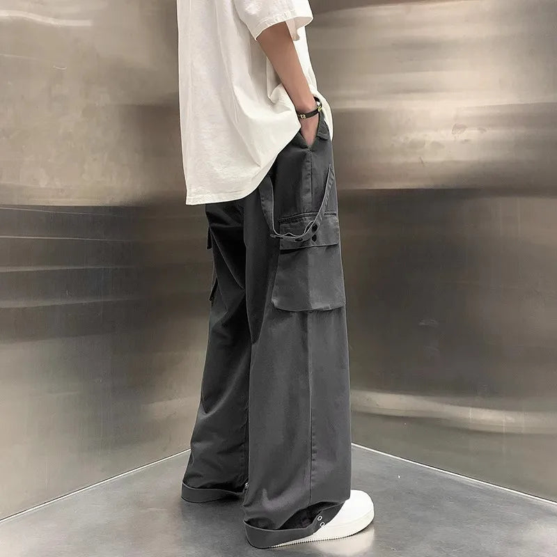 HOUZHOU Wide Leg Cargo Pants Men Gray Casual Cargo Trousers Male Loose Streetwear Hip Hop Pocket Safari Style Men Clothing