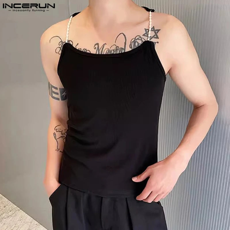 INCERUN Tops 2024 Korean Style New Men Knitted Shoulder Strap Design Tight Solid Vests Summer Casual Sleeveless Tank Tops S-5XL