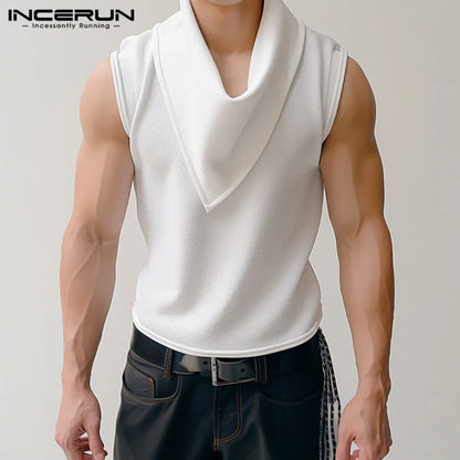 INCERUN Tops 2024 Korean Style Fashion New Men's Pile Neck Vests Casual Streetwear Solid Well Fitting Sleeveless Tank Tops S-5XL