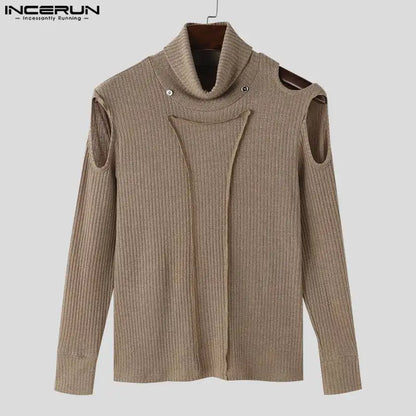 Casual Simple Style Tops INCERUN New Men's High Neck Hollowed Striped Pullovers Streetwear Male Long Sleeved Sweater S-5XL 2024