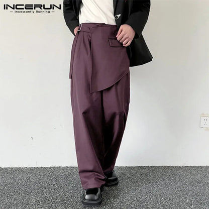 INCERUN 2024 Korean Style Pantalons Mens Stylish Solid Irregular Design Trousers Leisure Streetwear Hot Selling Long Pants S-5XL