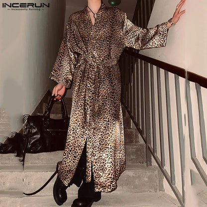 INCERUN Tops 2024 Sexy Men's Long Knee Length Shirts Casual Leopard Print Satin Strap Design Long Sleeved Cardigan Blouse S-5XL