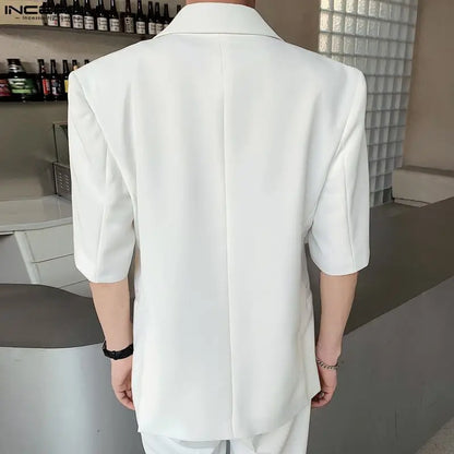 INCERUN Tops 2023 Korean Style Men's Silhouette Shoulder Pads Solid Blazer Casual Party Male All-match Short Sleeved Suit S-5XL