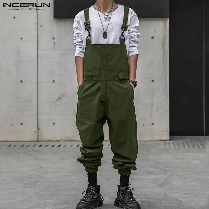 INCERUN 2024 Korean Style Bodysuits Men's Cargo Overall Jumpsuits Casual Well Fitting Male Summer Solid All-match Rompers S-5XL