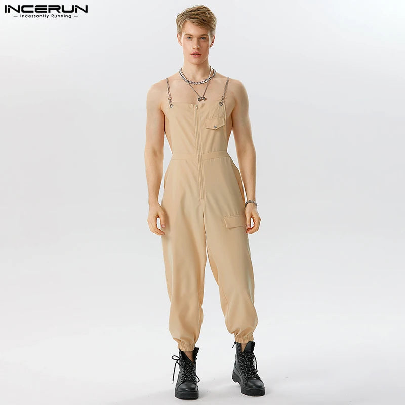 INCERUN 2023 Handsome Men's Solid All-match Cargo Pants Jumpsuits Streetwear Male Hot Sale Chain Connection Design Rompers S-5XL