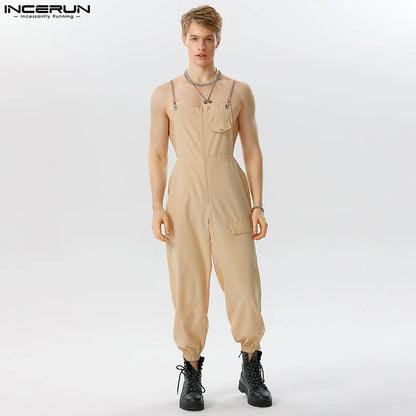 INCERUN 2023 Hübscher Männer Solide Alle-spiel Cargo Hosen Overalls Streetwear Männlichen Heißer Verkauf Kette Verbindung Design Strampler S-5XL