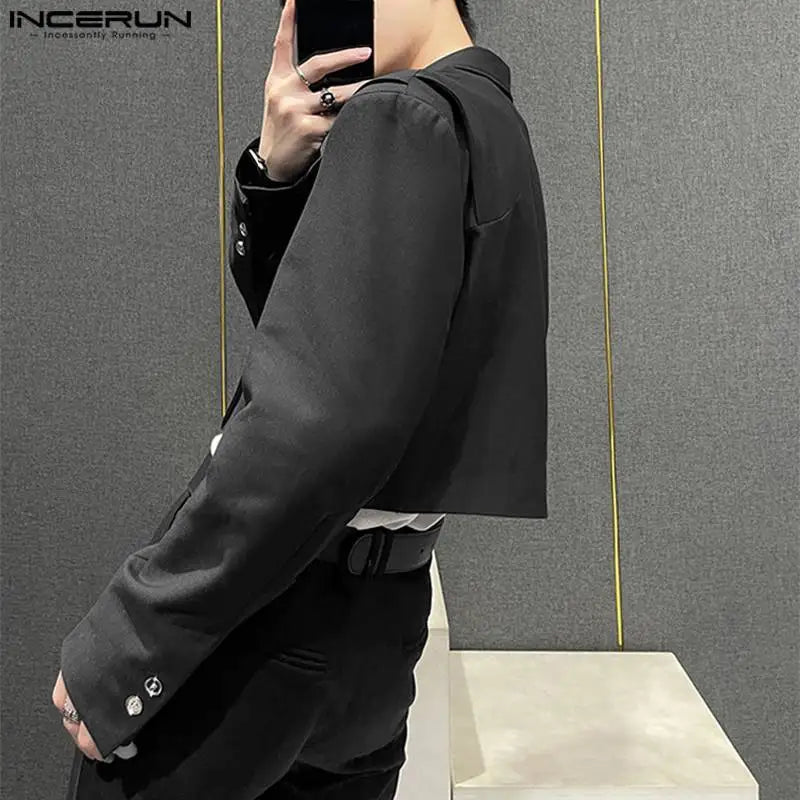 INCERUN Tops 2023 Korean Style New Men's Blazer Adjustable Diagonal Buckle Suit Deconstructed Design Truncated Solid Suit S-5XL