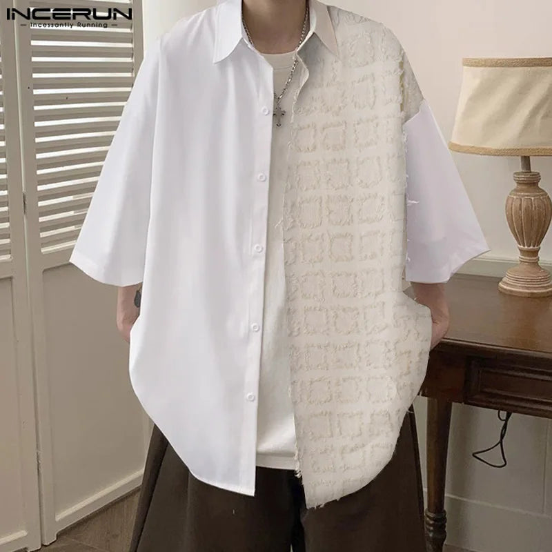 INCERUN Tops 2024 Handsome New Men's Tassel Jacquard Patchwork Shoulder Down Shirt Leisure Streetwear Short Sleeved Blouse S-5XL