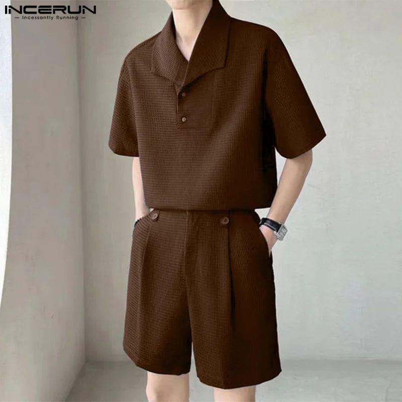 INCERUN 2024 Korean Style Sets Stylish Men Lapel Neck Short Sleeved Tops Split Long Pants Leisure Streetwear Suit 2 Pieces S-5XL