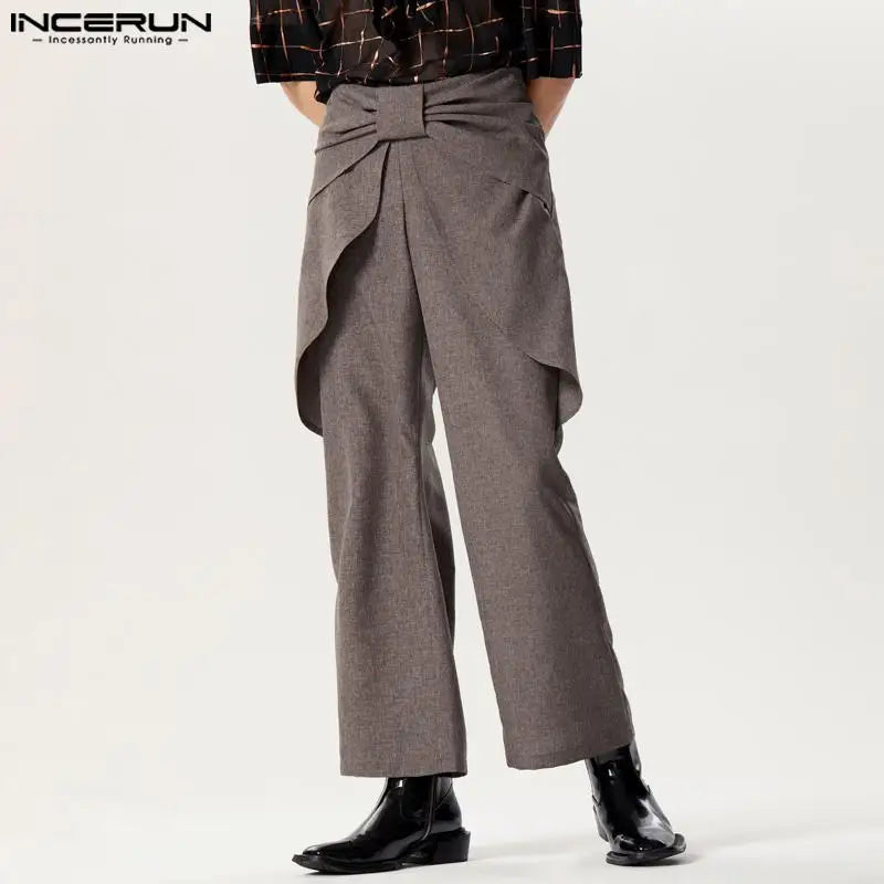 INCERUN 2024 American Style New Men Trousers Personalized Waist Design Long Pants Streetwear Leisure Solid Color Pantalons S-5XL