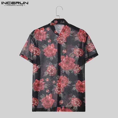 INCERUN Tops 2024 American Style Fashion Mens Rose Pattern Printed Shirts Sexy Casual Streetwear Thin Short Sleeved Blouse S-5XL