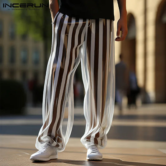 INCERUN 2024 American Style Men's Trousers Striped Mesh Transparent Long Pants Casual Clubwear Hot Selling Male Pantalons S-5XL