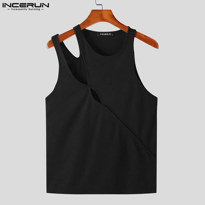 INCERUN Tops 2023 American Style New Men's Irregular Hollow Solid Tight Knit Tank Tops Casual Simple Male Sleeveless Vests S-5XL