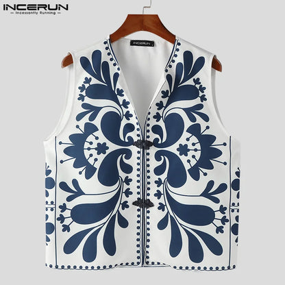 INCERUN Tops 2024 American Style Fashion Men's Buckle Design Shirts Personality Floral Pattern Sleeveless Cardigan Blouse S-5XL