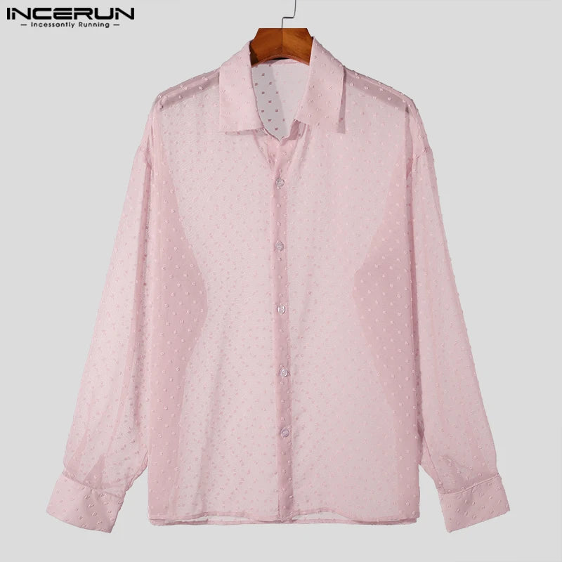 Fashion Well Fitting Tops INCERUN Men's See-through Polka Dot Pattern Shirts Casual Clubwear Thin Long Sleeved Blouse S-5XL 2024