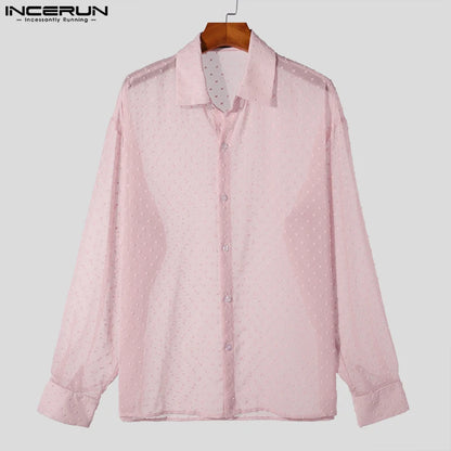 Fashion Well Fitting Tops INCERUN Men's See-through Polka Dot Pattern Shirts Casual Clubwear Thin Long Sleeved Blouse S-5XL 2024