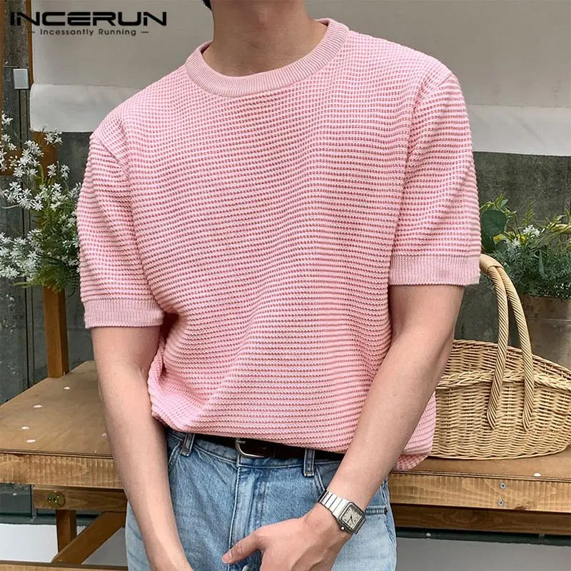 INCERUN Tops 2023 Korean Style Men Knitted Design T-shirts Casual Streetwear Male Solid Comfortable Short Sleeved Camiseta S-5XL